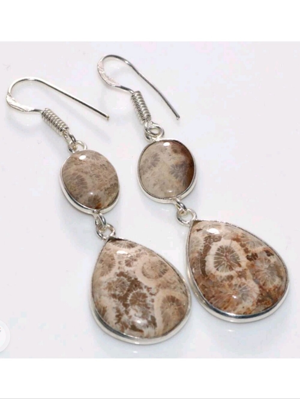 Fossil Coral Gemstone Jewelry 925 Sterling Silver Handmade Drop Dangle Earrings